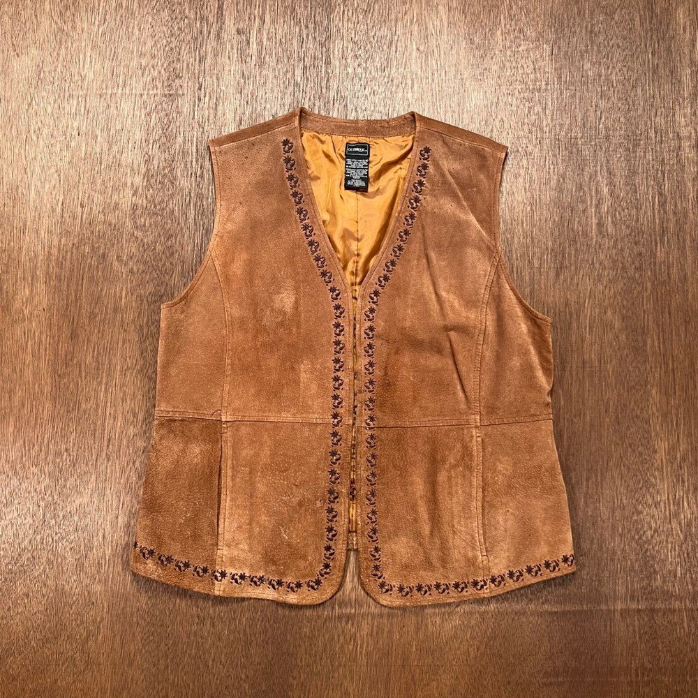 Vintage Outbrook Spice Brown Boho Suede Leather Embroidered Whimsy Vest XL
